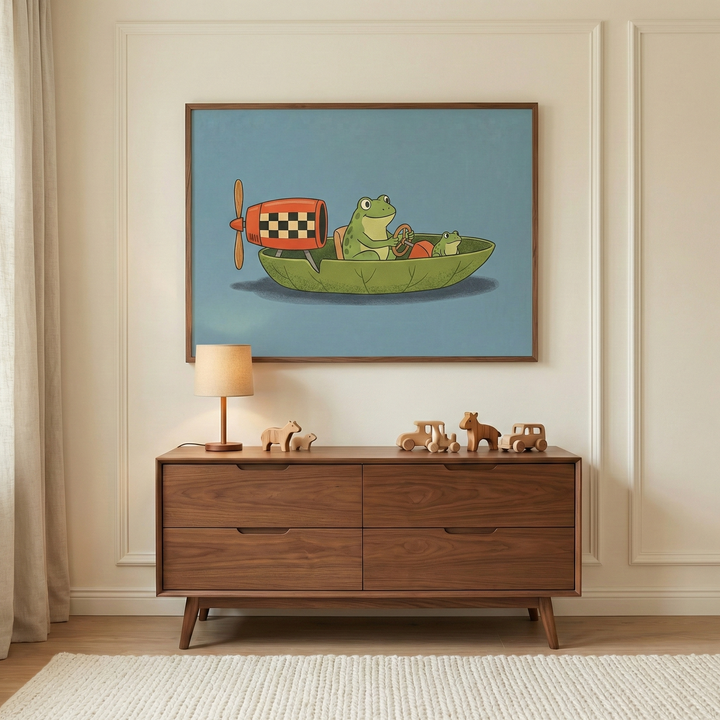Whimsical frog and toad animal wall art hanging above a mid-century walnut dresser in a minimalist nursery.
