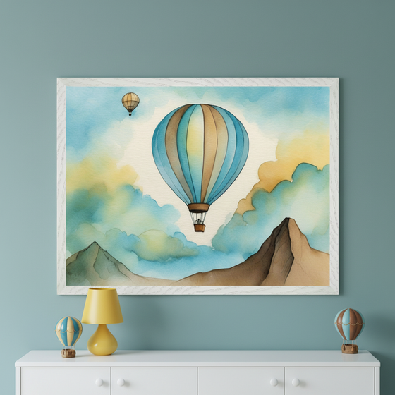 Modern kid's room with a white dresser against a blue-green wall. A large, white-framed watercolor painting of hot air balloons flying over mountains and clouds hangs above the dresser. A yellow lamp and two hot air balloon figurines sit on the dresser.