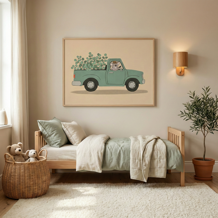 Scandinavian koala and eucalyptus car wall art hanging above a light wood bed in a cozy toddler bedroom.