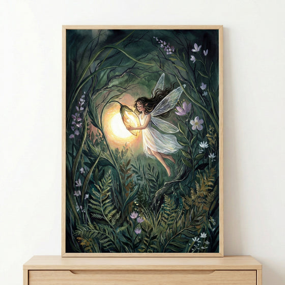 A framed watercolor illustration showing a fairy floating in a lush, enchanted forest, gently holding a glowing lantern shaped like a flower. Deep green foliage, delicate wildflowers, and winding branches surround her, while the warm golden light creates a soft, magical contrast against the dark forest tones.