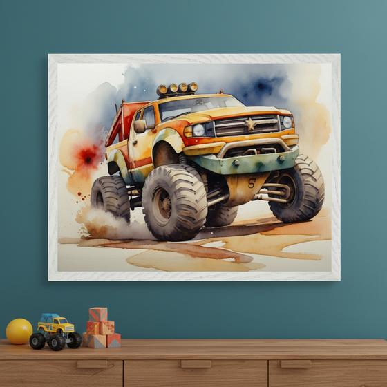 Kid's room with a wooden dresser against a teal wall. A white-framed watercolor print of a yellow and orange monster truck kicking up dust hangs centered above the dresser. A yellow ball, toy truck, and wooden blocks are on the dresser.