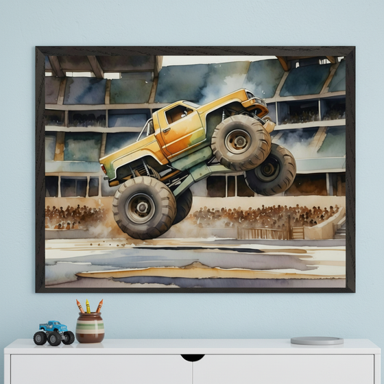 Kid's bedroom featuring a white dresser against a light blue wall. Above it hangs a large framed watercolor print of a yellow and green monster truck jumping in a stadium. On the dresser are a blue monster truck toy, a crayon holder, and a grey coaster.
