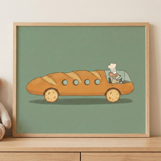 Framed whimsical wall art of a mouse driving a baguette car, presented in a light wood frame resting on a wooden surface.