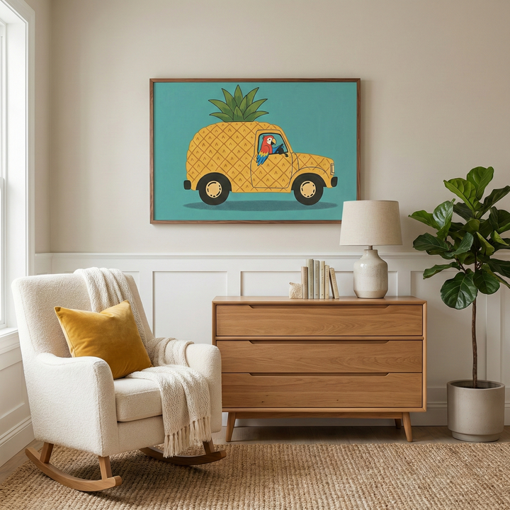 Whimsical pineapple car and bird wall art hanging above a light wood dresser in a cozy scandinavian nursery.