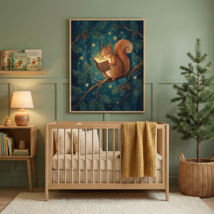 Whimsical squirrel reading a book animal wall art hanging above a light wood crib in a cozy nursery.