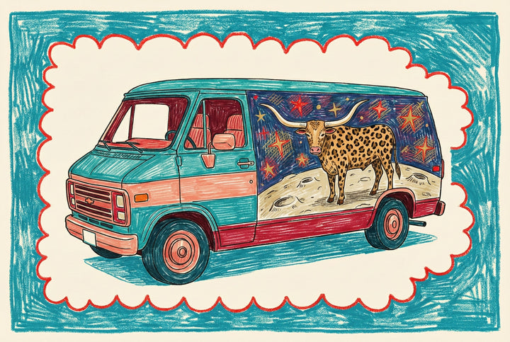 Illustration of a teal and red vintage van with a mural on its side depicting a longhorn with a cheetah-like coat standing on a moon-like surface, surrounded by colorful stars in a space-themed backdrop. The whimsical artwork is framed by a bold, hand-drawn border in red and teal.