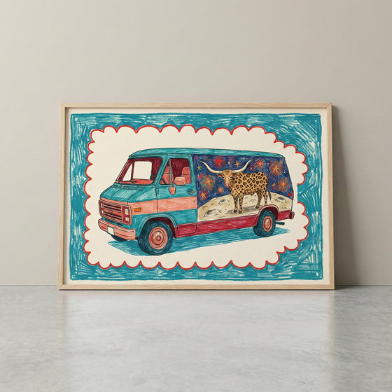 Colorful framed illustration of a teal and red van with a cosmic mural on its side panel, featuring a longhorn with a cheetah-like coat standing on a moon-like surface against a starry space background.