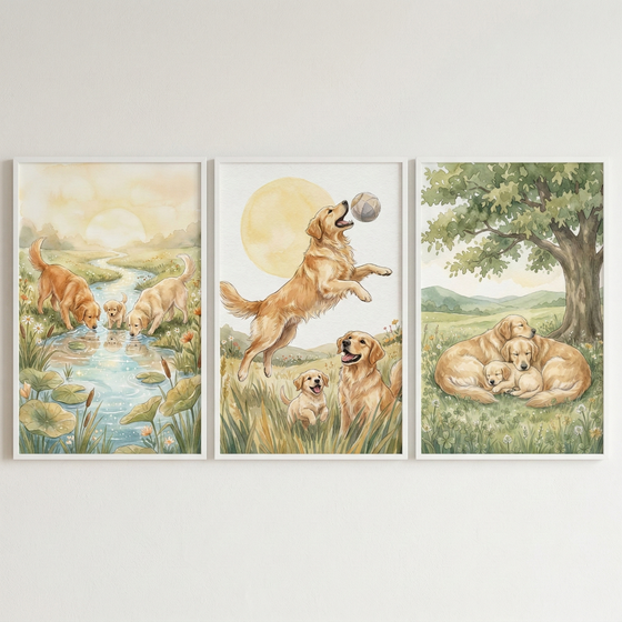 A set of three separate watercolor-style illustrations is arranged side-by-side in white frames, each depicting golden-colored dogs in serene, natural settings.
The piece on the left shows two dogs by a tranquil stream filled with water lilies. One dog leans down to drink while the other walks along the bank under a soft, glowing sunset.