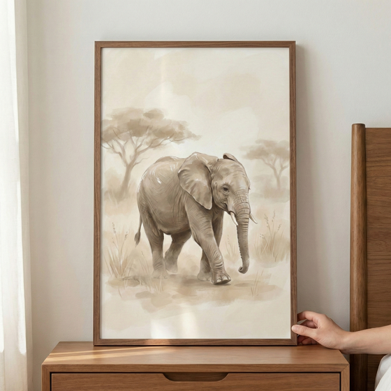 A framed watercolor-style artwork of a young elephant walking across a grassy savanna. The illustration features a muted, sepia-toned color palette of beige and brown. The elephant is shown from the side, walking towards the right, with tall grass and thin, flat-topped trees in the background under a soft sky. The piece is held in a dark wooden frame and rests on a wooden dresser against a plain wall. A hand is visible touching the right side of the frame.