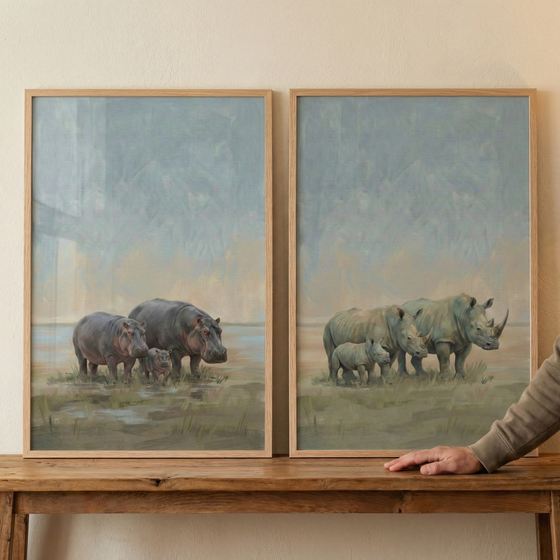 Two rectangular art pieces in light wood frames sit side-by-side on a rustic wooden table. The left illustration features three hippopotamuses—two adults and a calf—in a shallow wetland. The right illustration depicts three rhinoceroses—two adults and a calf—on a grassy field. Both pieces have a soft, impressionistic style with a muted palette of grays, blues, and earth tones. A hand rests on the table's edge beside the frames.