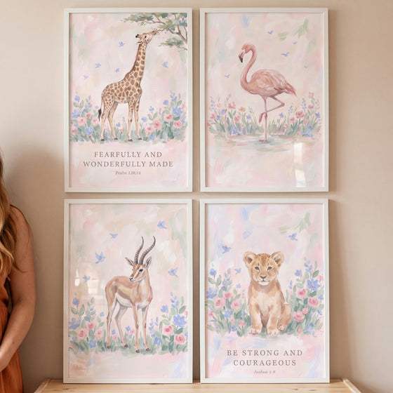Airy watercolor safari animals wall art set of 4 features a giraffe, flamingo, gazelle, and lion cub with bible verses.