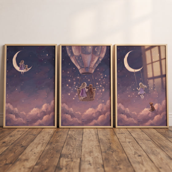 Amethyst sky girl dog wall art set of 3 features a girl and dog on a moon, in a hot air balloon, and on a moon swing.