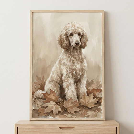 A framed watercolor-style illustration depicts a light cream-colored poodle with soft, curly fur. The dog sits poised amidst a bed of dry, brown autumn leaves. The background is a muted, textured wash of tan and beige tones, giving the image a warm and calm feeling. The art piece is enclosed in a natural wood frame and sits atop a matching light wooden dresser against a plain, light-colored wall.