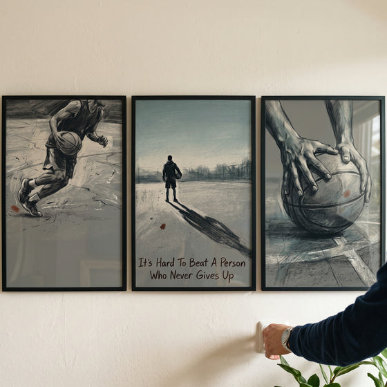 Athletic basketball player sports wall art set of 3 displays a person dribbling, a quote, and hands holding a ball.