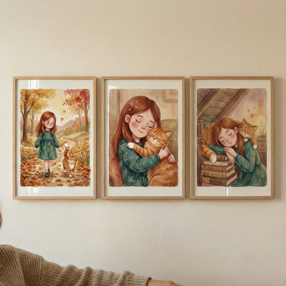 Three framed watercolor illustrations hang side-by-side, featuring a girl with reddish-brown hair and an orange tabby cat. In the first, they walk along a path in an autumn forest. The middle shows a close-up of the girl hugging the cat. In the third, they nap together; the girl's head is on a stack of books while the cat sleeps on her back. The scenes are rendered in a soft, storybook style with warm colors and small heart details.