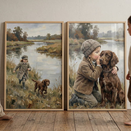 Autumn river girl dog wall art set of 2 shows a child running and whispering with a brown dog by a peaceful river.