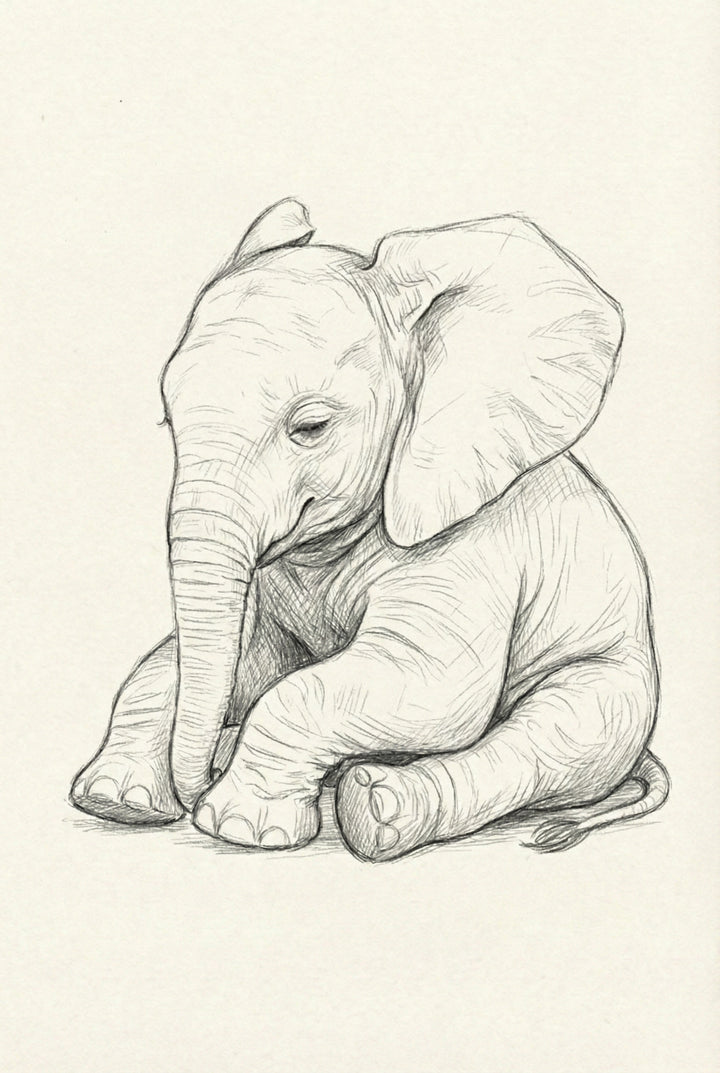 Pencil sketch of a baby elephant sitting down with its legs curled and eyes gently closed, conveying a calm and peaceful expression.