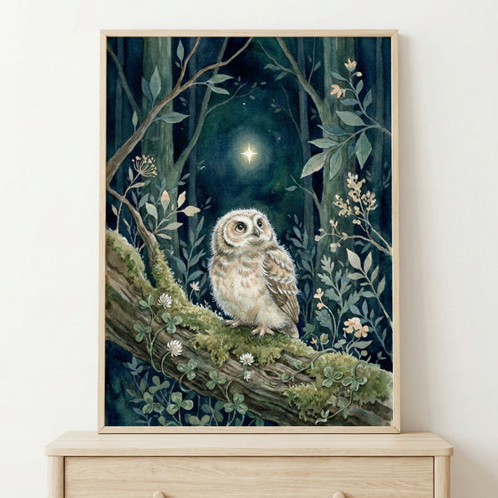 A framed watercolor-style illustration of a small, fluffy owl perched on a mossy tree branch in a dark, enchanted forest at night. The owl looks upward towards a single bright, glowing star in the sky. Delicate foliage and tiny white flowers surround the owl. The frame is a light natural wood, placed on top of a matching wooden dresser against a plain wall.