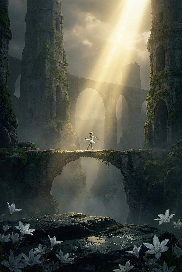 An ethereal digital illustration of a ballerina in a white tutu performing on a narrow, moss-covered stone arch bridge. She is bathed in a powerful beam of golden sunlight streaming from a cloudy sky. In the foreground, white star-shaped lilies grow among dark, wet rocks. Massive, ancient stone towers and a secondary multi-arched bridge rise from a misty, deep canyon in the background. The atmosphere is serene and majestic, blending fantasy architecture with nature.