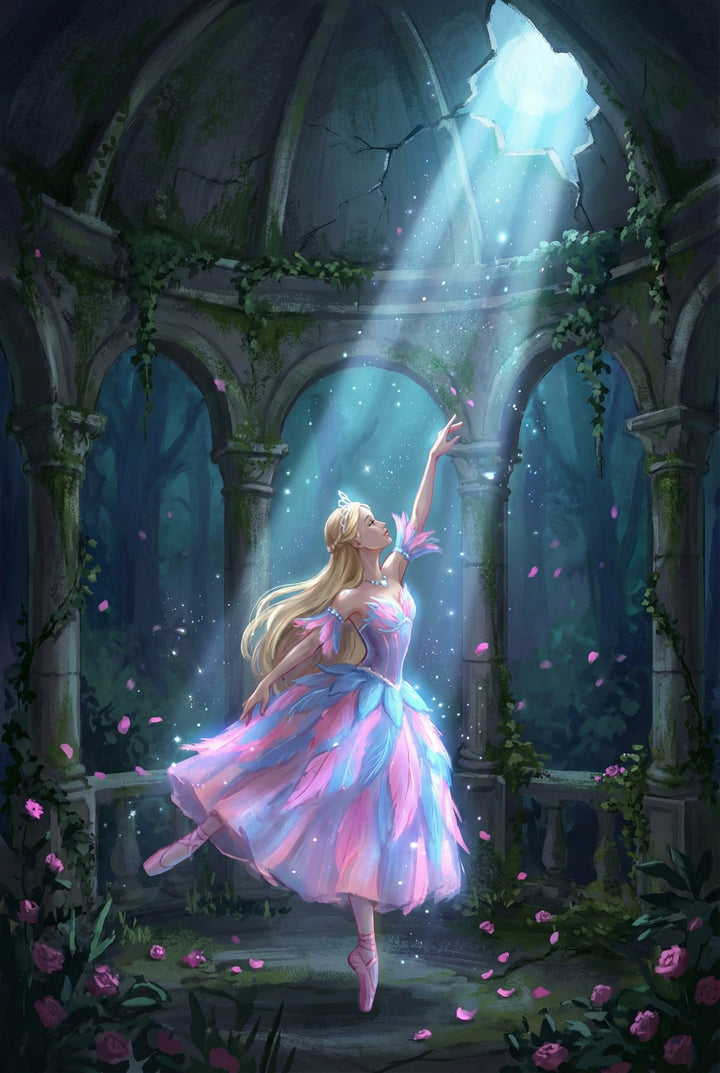 A blonde ballerina in a pink and blue feathered dress dances en pointe beneath a cracked domed ceiling as moonlight streams through. Ivy climbs the stone arches around her while pink petals and soft sparkles float through the enchanted garden ruin.