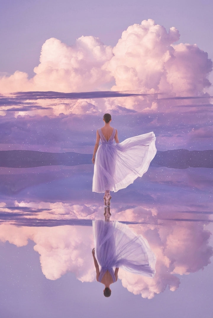Dreamlike painting of a ballerina in a flowing lavender dress walking en pointe across a mirror smooth surface that reflects pink and purple clouds. Her skirt lifts gently in the breeze as towering pastel clouds fill the sky. The reflection beneath her creates a surreal floating effect.