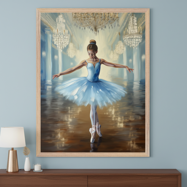 Modern living room with a dark wood dresser. A large framed oil painting of a ballerina in a blue tutu dancing in a chandelier-lit ballroom hangs above the dresser. A gold lamp, vase, and candle are on the dresser.