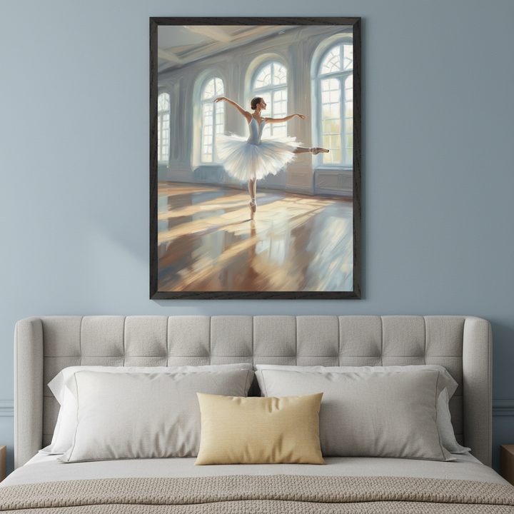 Bedroom with a tufted headboard bed. A framed painting of a ballerina in a white tutu dancing in a sunlit room with arched windows hangs above the bed.