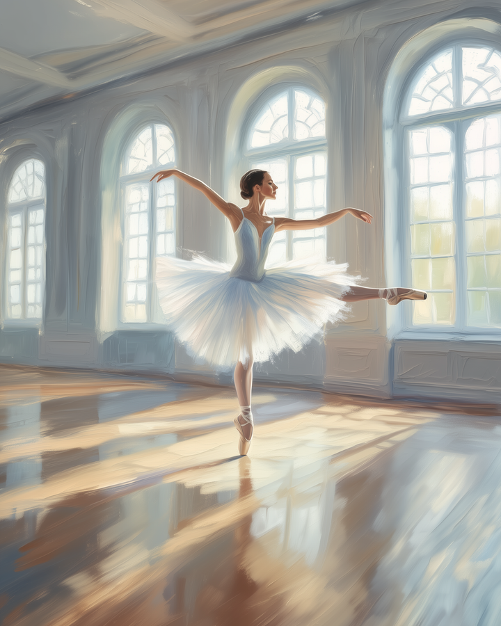 A ballerina in a white tutu performs an elegant arabesque en pointe in a spacious studio lit by tall arched windows. The soft morning light casts long reflections across the polished wooden floor.