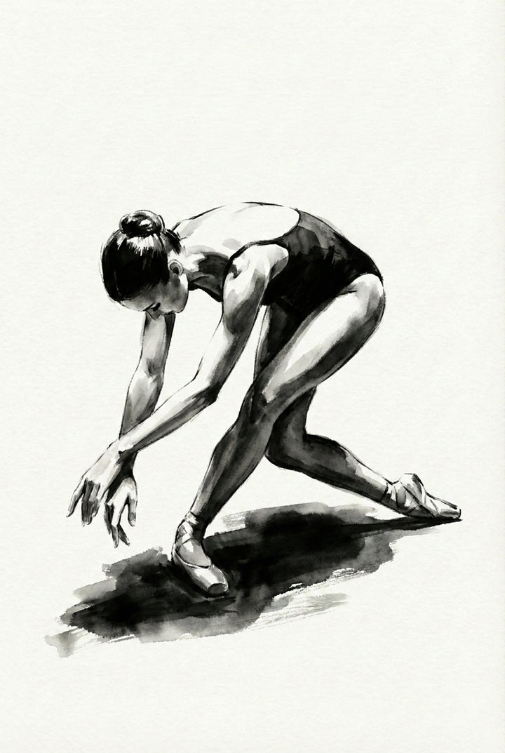 Black and white watercolor painting of a ballerina in a low forward stretch. She bends deeply with one leg extended behind her, arms reaching toward the floor, casting a soft shadow beneath her.