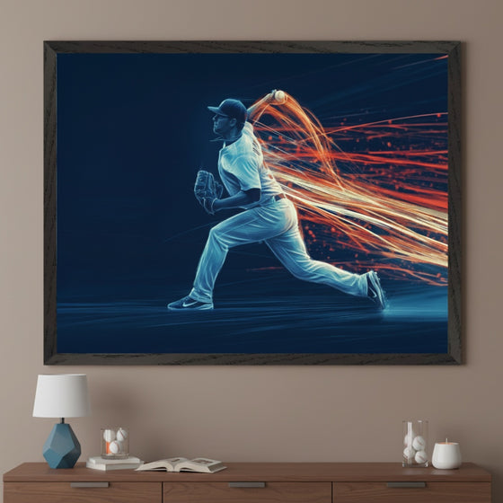 Modern room with a wooden credenza. A large framed digital illustration of a stylized baseball pitcher throwing a ball with glowing orange light streaks hangs centered above the credenza.
