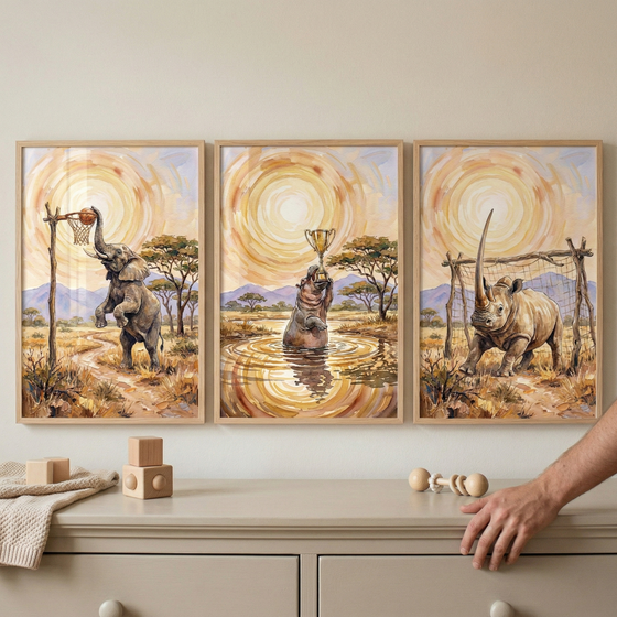 Three framed safari themed paintings hang above a light wooden dresser in a nursery. An elephant plays basketball with a hoop made of sticks, a hippo stands in water holding a gold trophy, and a rhinoceros stands in front of a soccer goal with a warm sun swirling in the sky behind each scene.