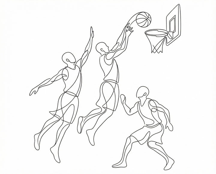 A clean minimalist line art illustration of three basketball players in motion with one leaping for a dunk capturing fluid movement in a simple and creative way perfect for contemporary sports-themed rooms.