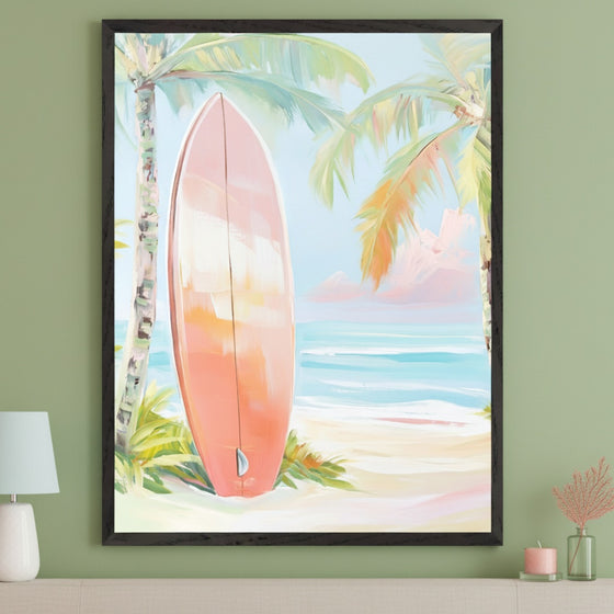Modern living room with a light green wall and a light console table below. A white lamp with a light blue shade is on the left. A large black-framed painting of a tropical beach scene with a coral surfboard, palm trees, and ocean hangs centered above the console.