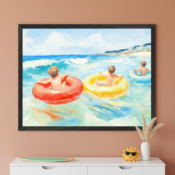 Three kids lounge in colorful inner tubes drifting in shallow turquoise water, surrounded by soft waves and a distant shoreline. The cheerful painting captures the carefree essence of a beach day and hangs above a warm-toned dresser with playful décor.