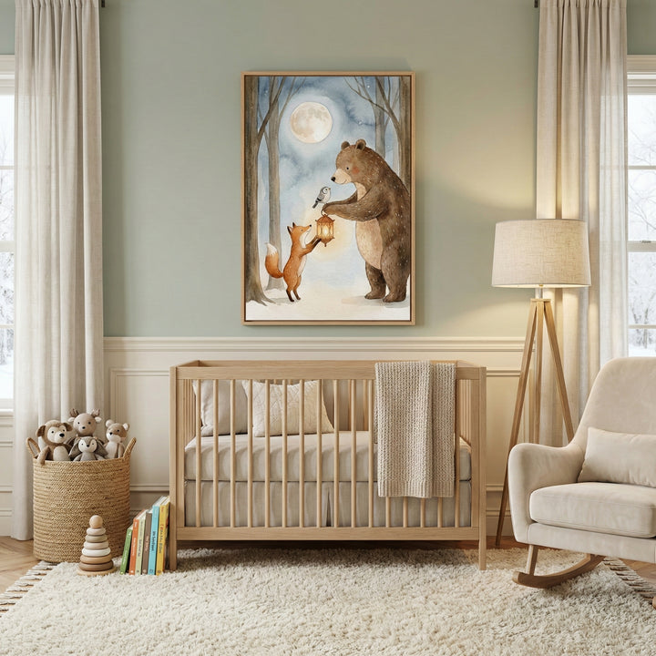 Framed nursery art of a bear, fox, and owl with a lantern displayed above a wooden crib in a softly lit, neutral-toned baby room. The cozy forest scene adds a calming and magical ambiance.