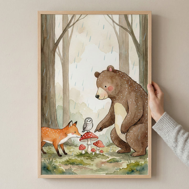 Illustration of a bear pointing at red mushrooms while a curious fox and a small owl look on in a softly raining forest. The scene feels playful and observant, capturing a quiet moment in nature.