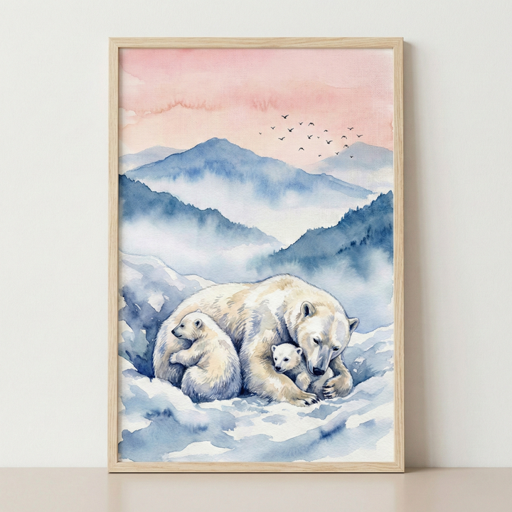 Framed in light wood, this watercolor scene shows a mother polar bear and her two cubs huddled together in a snowy landscape. The large white bear is curled protectively around her small young ones. In the background, misty blue mountains rise against a soft pink and orange sky, where a small flock of birds flies in the distance. The delicate, blended colors and soft textures create a peaceful and tender atmosphere, highlighting a quiet moment in nature.