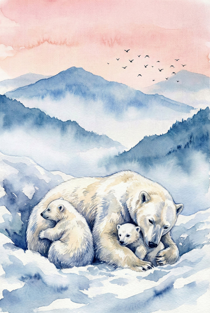 Watercolor illustration of a mother polar bear curled protectively around two small cubs on snowy ground. Misty blue mountains and a soft pink sky form the background. The close grouping highlights warmth and protection in a cold environment.