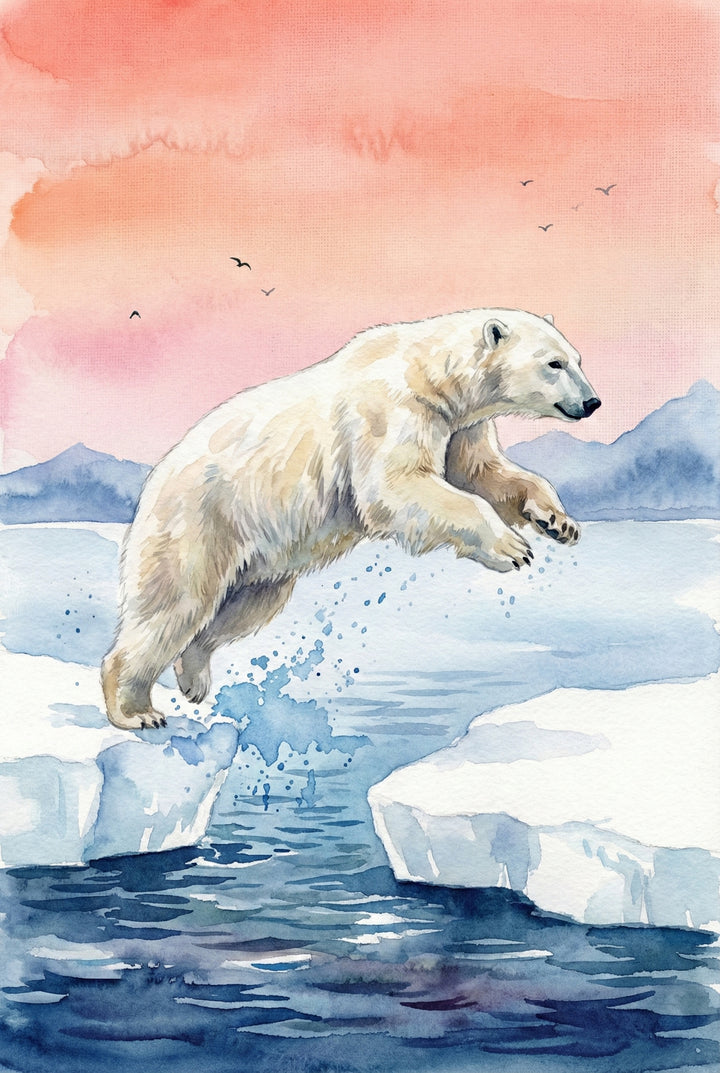 Watercolor illustration of a polar bear mid leap between floating ice slabs over dark blue water. Water splashes beneath its paws while distant mountains sit under a warm pink sky. The extended body captures movement and agility in an Arctic landscape.