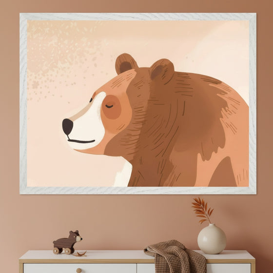 A side profile of a serene brown bear is illustrated in warm neutral shades, with simple lines and soft textures. The framed art adds a soothing, nature-inspired touch to the muted terracotta-colored room.