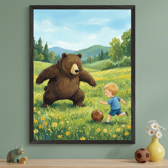Kid's room with a sage green wall and wooden shelf. A large framed print of a cartoon boy playing soccer with a brown bear in a flowery meadow hangs above the shelf. Small bear figurines and a decorative soccer ball are on the shelf.