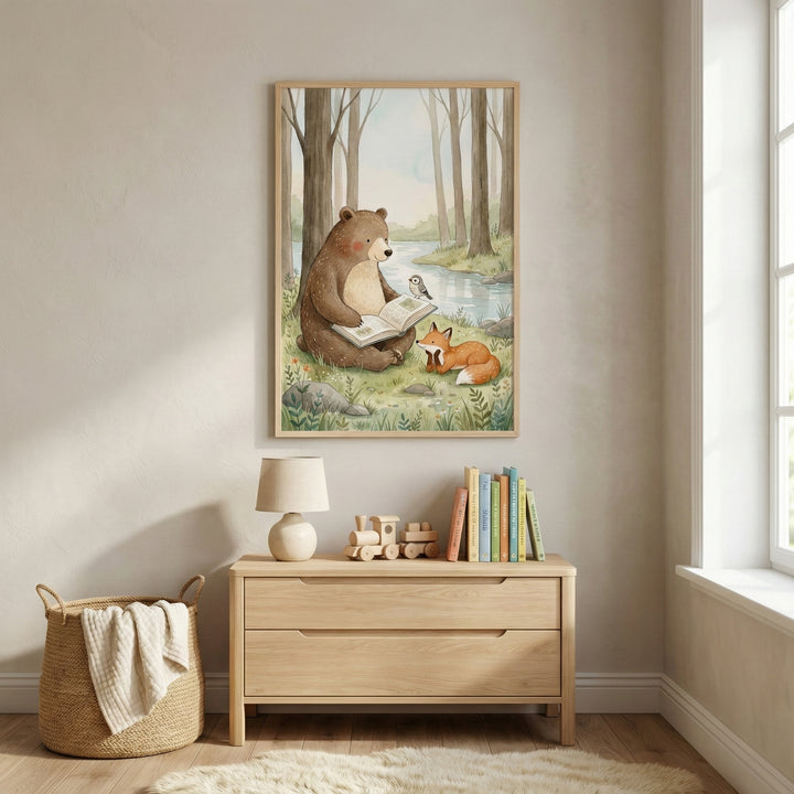 Bear and fox reading print hung above a wooden dresser in a sunlit nursery, styled with books and toys. The artwork adds a whimsical, peaceful storytime mood to the room.