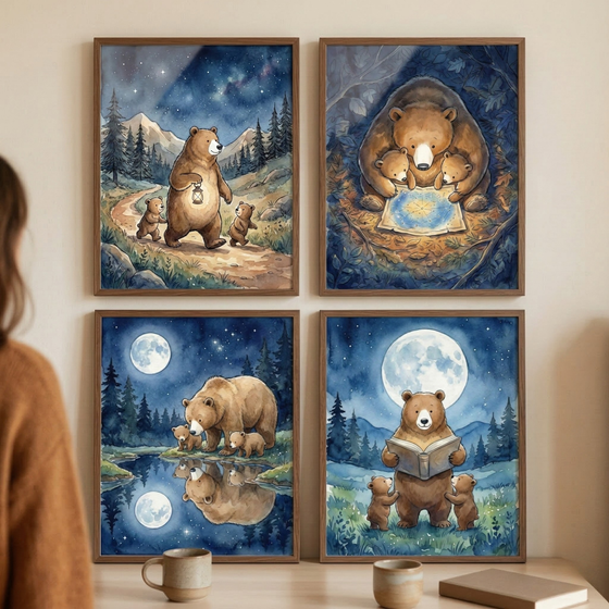 Four framed watercolor prints show a mother bear and two cubs in different nighttime forest scenes. The set includes the bears walking along a mountain path with a lantern, looking at a glowing map, standing by a moonlit lake with their reflection, and reading a book beneath a full moon while a person and two mugs sit in the foreground.