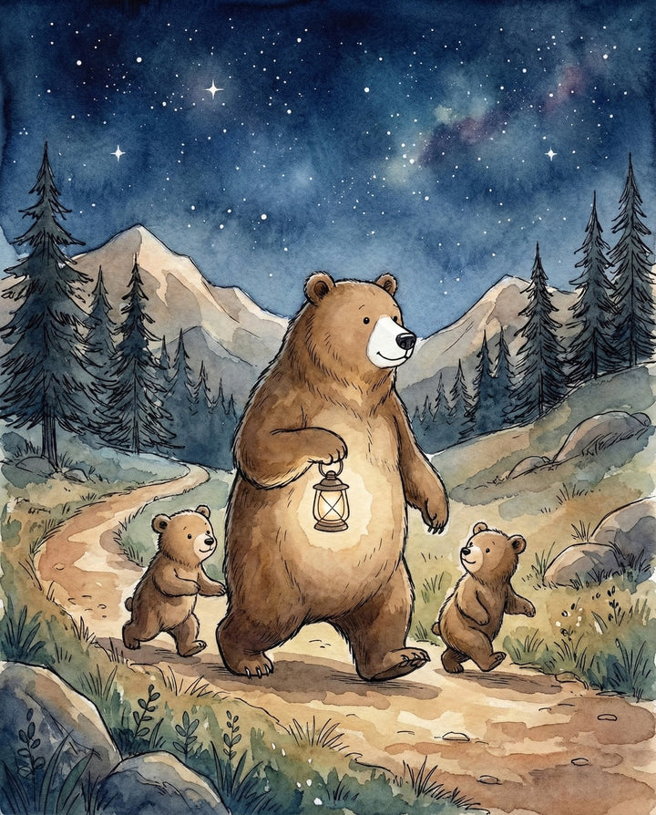 A parent bear walking along a mountain path holding a lantern with two bear cubs following closely under a starlit sky showing care protection and love through their nighttime journey of bear family friendship
