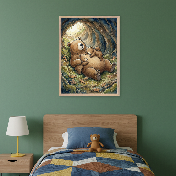 Kid's bedroom with a wooden bed, blue pillow, geometric quilt, and a nightstand with a lamp. A large framed watercolor art print of a mother bear sleeping with three cubs in a forest hangs on the green wall above the bed.