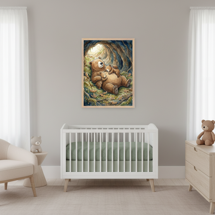 Modern nursery with a white crib and light wood dresser. A framed illustration of a brown bear and two cubs sleeping in a forest clearing hangs above the crib.
