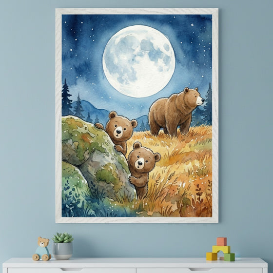 Kid's room with a light blue wall. A large framed watercolor painting of a full moon, an adult bear, and two bear cubs peeking from behind a rock in a grassy field at night hangs above a white dresser with toys.