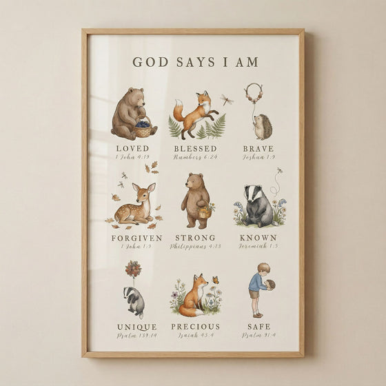 Bible verse forest animal artwork featuring watercolor woodland creatures, a boy, scripture, and positive affirmations.