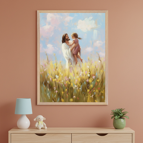 Modern room with a light wood dresser. A large framed painterly artwork of Jesus holding a child in a field of wildflowers under a blue sky hangs above the dresser. A white vase with dried yellow flowers is on the dresser.