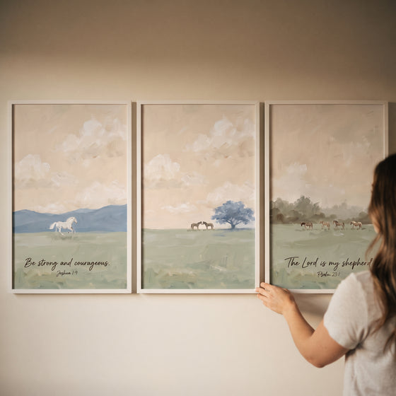 Biblical scripture pasture horse wall art set of 3 featuring serene field scenes with horses and thin white frames.